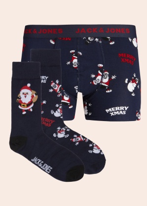 Jack & Jones bokseršorti un zeķes dāvanu kārbā Happy Xmas